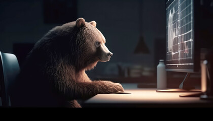 Bearish animal-themed business graph on computer screen sparks curiosity. Technology, communication, and investment blend seamlessly in this captivating image. Generative AI