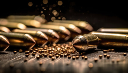 Close-up view large group of ammunition bullets ammo with selective focus on macro detail, showcasing intricate details powerful weapon. Generative AI - obrazy, fototapety, plakaty