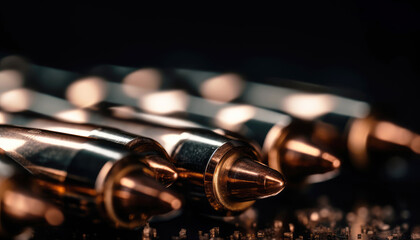 Fototapeta na wymiar Close-up view large group of ammunition bullets ammo with selective focus on macro detail, showcasing intricate details powerful weapon. Generative AI