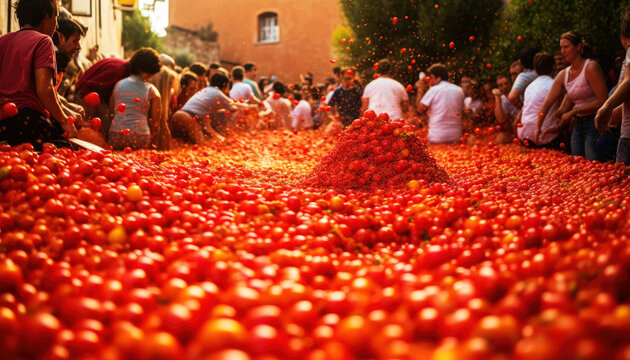 A dynamic crowd at a festival in Spain. Party, and a large group of people celebrating with tomatoes. Generative AI