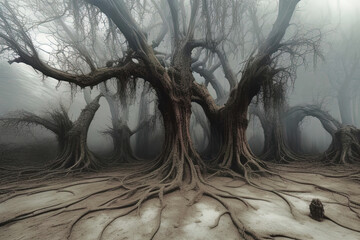 Petrifying, Sinister, Cursed Gnarled trees exude otherworldly energy with their twisted trunks and branches evoking a sense of deep unease in forest and city