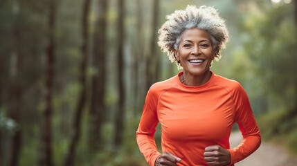 generativeAi. Africa woman. she's running outside on sunny day. solf light and bokeh style. she's 55 year old, beautiful eyes and healthy. she's smiling in Sport wear, smart watch and sunglasses.