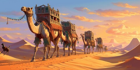 Bedouin with camel silhouette in the sand dunes of the Thar desert at sunset. caravan in rajasthan travel background safari adventure jaisalmer rajasthan india