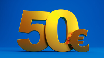 Obraz premium Golden fifty Dollar sign isolated on blue background, 50 dollar price symbol. 3D render, 50$