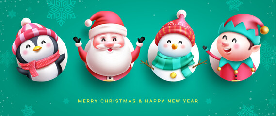 Christmas characters vector set design. Merry christmas and happy new year text with seasonal character in green background. Vector illustration cartoon and mascot collection.