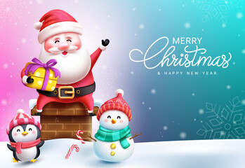 Fototapeta na wymiar Merry christmas text vector design. Christmas santa claus holding gift with elf and snow man cartoon characters in chimney snow background. Vector illustration seasonal greeting card concept.