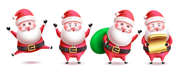 Christmas santa claus vector set design. Santa claus characters in cute funny cartoon, mascot and costume isolated in white. Vector illustration santa character collection. 