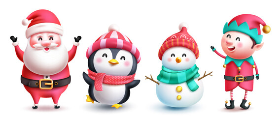 Christmas characters vector set design. Christmas santa claus, penguin, snow man and elf cartoon character isolated in white. Vector illustration seasonal holiday character collection. 