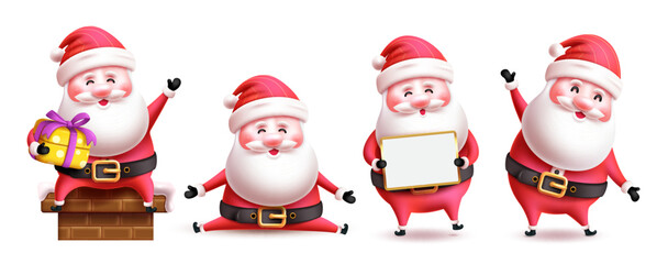 Santa claus characters vector set design. Christmas santa claus in cute smiling and holding white board and gift elements. Vector illustration xmas character collection.