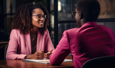 female african business woman smiling and working with client. Business meeting concept