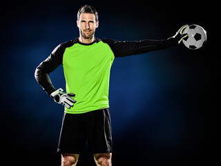 one caucasian goalkeeper soccer man isolated on black background