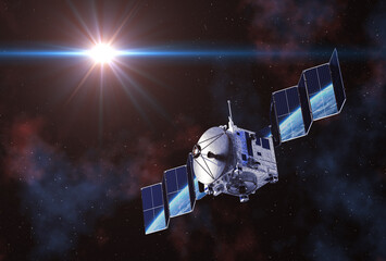 Obraz na płótnie Canvas Satellite Deploys Solar Panels And Earth Reflected In Them. 3D Illustration.