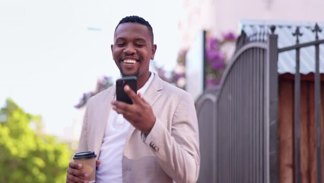 Business, phone call and black man in city for conversation, mobile networking or entrepreneur walking to urban office or work. Businessman, hello and talking on smartphone with contact, crm or b2b