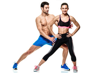 one caucasian couple man and woman exercising fitness exercises isolated on white background