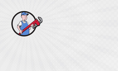 Business Card showing Illustration of a mechanic cradling holding giant pipe wrench looking to the side viewed from front set inside circle on isolated background done in cartoon style.