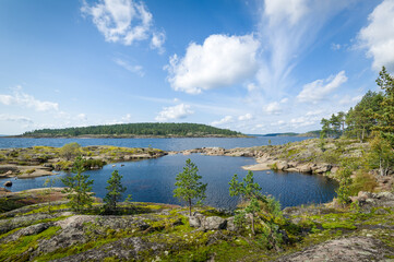 Fototapeta na wymiar Panoramic landscape of Ladoga lake nature, Karelia republic, Russia.
