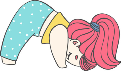 Cute playful Kid Doing Yoga downward dog pose in Pastel whimsical Cartoon Illustration