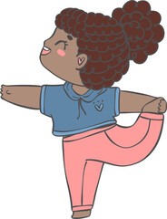 Cute playful Kid Doing Yoga flamingo pose in Pastel whimsical Cartoon Illustration