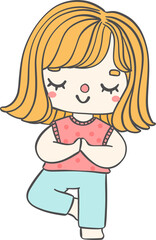Cute playful Kid Doing Yoga  tree pose in Pastel whimsical Cartoon Illustration