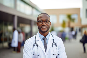 Portrait of happy african doctor at private clinic