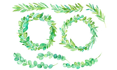 水彩画。水彩タッチの草木フレーム。草木のフレーム。