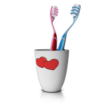 3D illustration of a tooth cup with two toothbrushes over white background. Concept of love and couple living together.