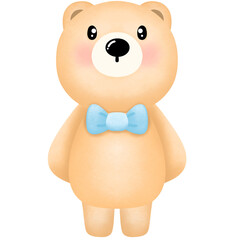 Little brown bear wearing a blue bow A cute smiley face in the borrowing position