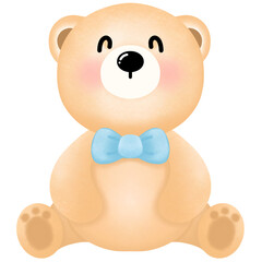 Little brown bear wearing a blue bow cute smiley face in a sitting position