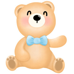 A little bear wearing a cute blue bow sitting in a sitting position.