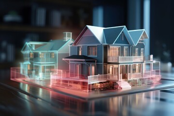 a concept holo 3d render model of a big living house on a table in a real estate agency. signing mortgage contract document. futuristic business. blurry background. Generative AI - obrazy, fototapety, plakaty
