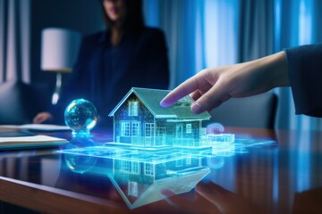 a concept holo 3d render model of a small living house on a table in a real estate agency. signing mortgage contract document and demonstrating. futuristic business. blurry background. Generative AI - obrazy, fototapety, plakaty