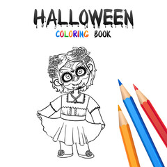 Cheerful Girl in Halloween Costume Dead Girl Skull. Halloween Coloring Book. Santa Muerte concept. Illustration for children vector cartoon character isolated on white background.