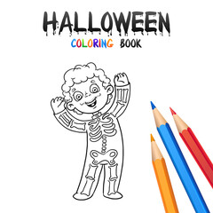 Cheerful Boy in Halloween Costume skeleton. Halloween Coloring Book. Illustration for children vector cartoon character isolated on white background.