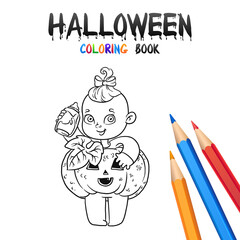 Cheerful Girl in Halloween Costume pumpkin. Halloween Coloring Book. Illustration for children vector cartoon character isolated on white background.
