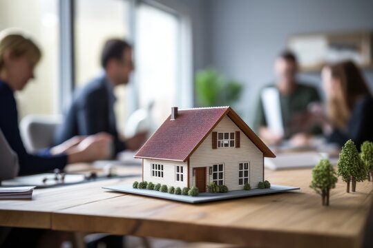 a concept 3d render model of a small living eco -friendly green house on a table in a real estate agency. estate agent and the buyer clients signing mortgage contract document. Generative AI