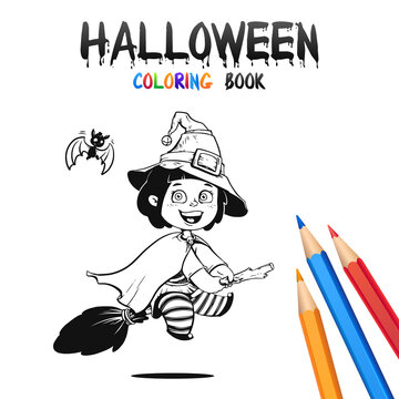 Little Witch in Hat on BroomSick. Halloween Coloring Book. Illustration for children vector cartoon character isolated on white background.