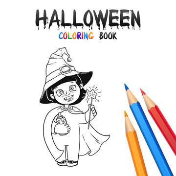 Little Witch Girl in Halloween Costume and Hat. Halloween Coloring Book. Illustration for children vector cartoon character isolated on white background.