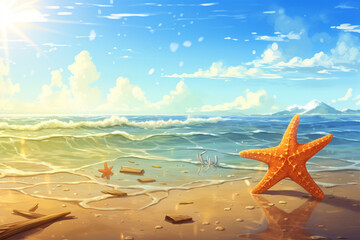 Fototapeta na wymiar Generative AI. sea ​​star anima style background on the beach