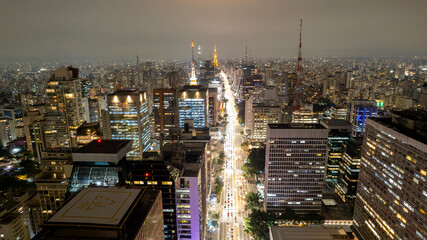 Aerial view of Av. Paulista in Sao Paulo, SP. Main avenue of the capital. Photo at night, with car...