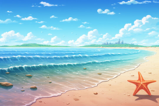Generative AI.
sea ​​star anima style background on the beach