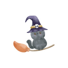 watercolor Cute black cat wearing witch hat on broomstick Halloween party element vector llustration on white background