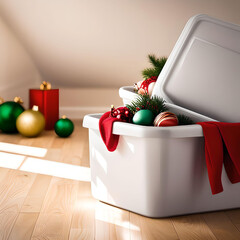 Plastic Tote Filled With Christmas Decorations in a Storage Room - obrazy, fototapety, plakaty