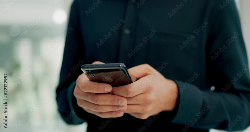 Poster person, hands and typing on smartphone for connection to social media, internet and website notifica