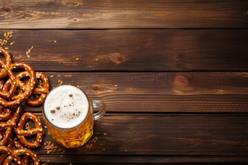 Oktoberfest beer festival background with large beer and a pretzel snack against a wooden background