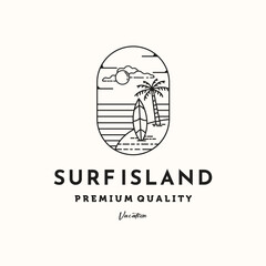 surfboard summer nature line art logo vector minimalist illustration design, surf landscape adventure symbol design