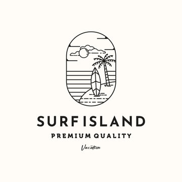 surfboard summer nature line art logo vector minimalist illustration design, surf landscape adventure symbol design