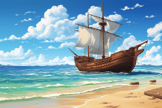 Naklejka Generative AI. anime style background of a ship in the sea
