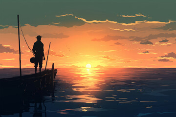 anime style background of a fisherman in the sea