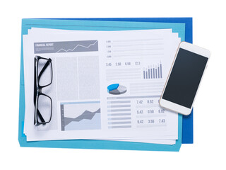 Smart phone, files, financial reports and glasses on white background, accounting and management concept