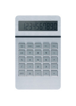 Silver metallic calculator on white background and numbers on display